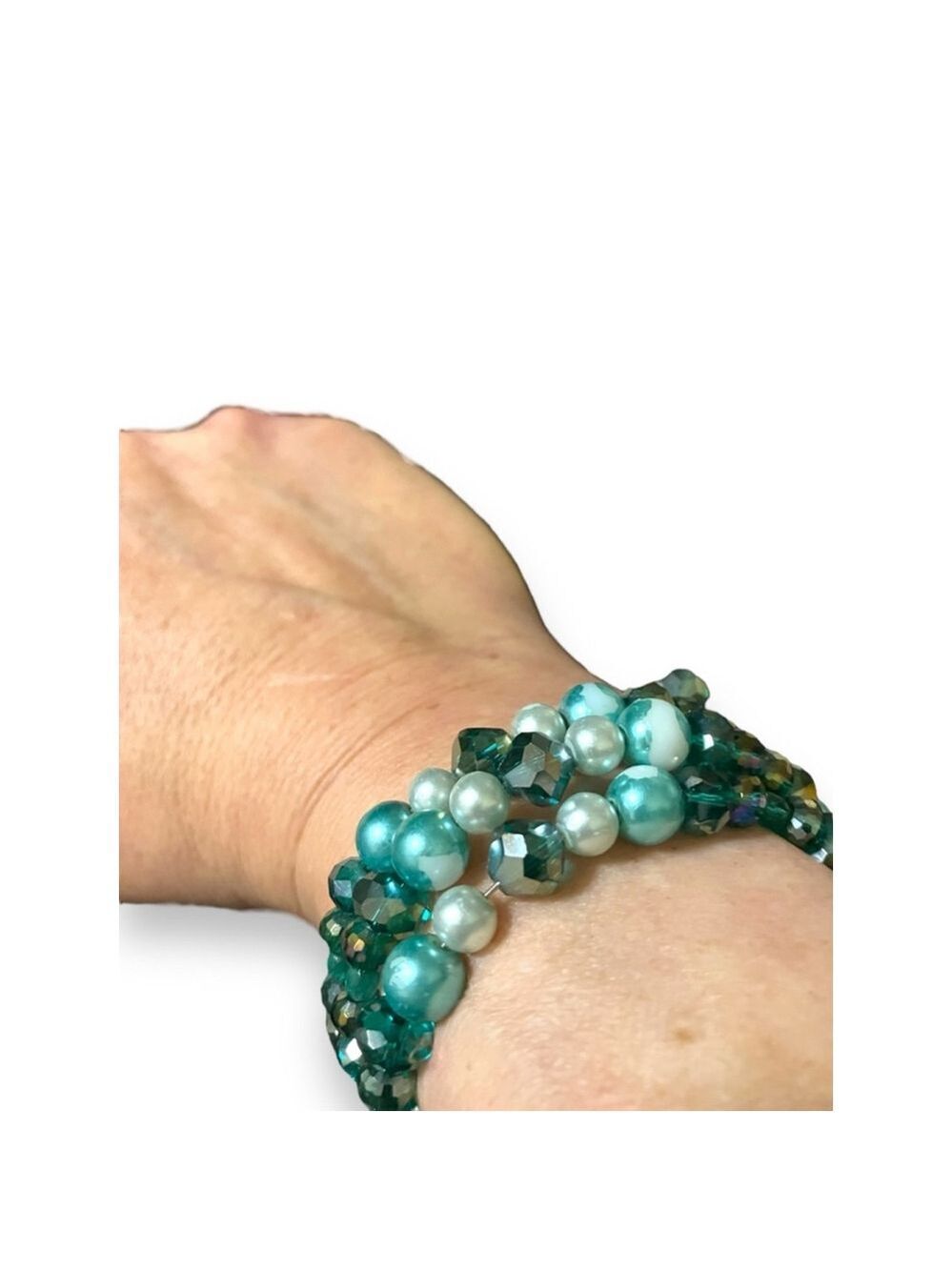 Beaded Stretch Tiered Bracelet Multiple Shades Green & White